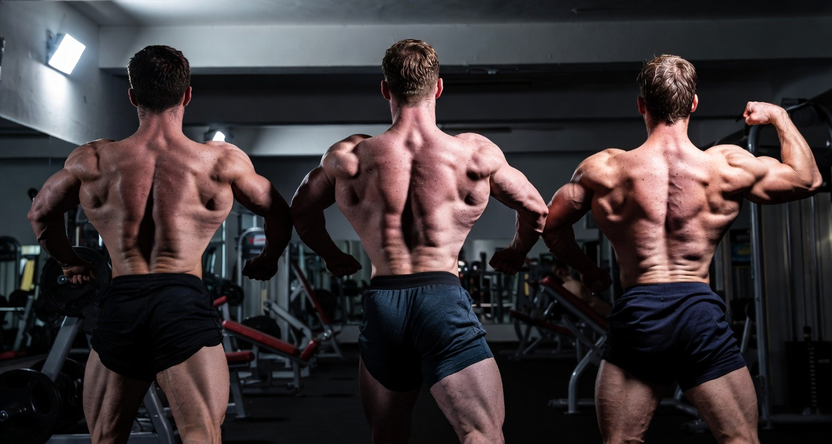 Cuatro culturistas musculosos realizando poses de espalda en el gimnasio, mostrando detalladamente el desarrollo de dorsales, trapecios y espalda baja