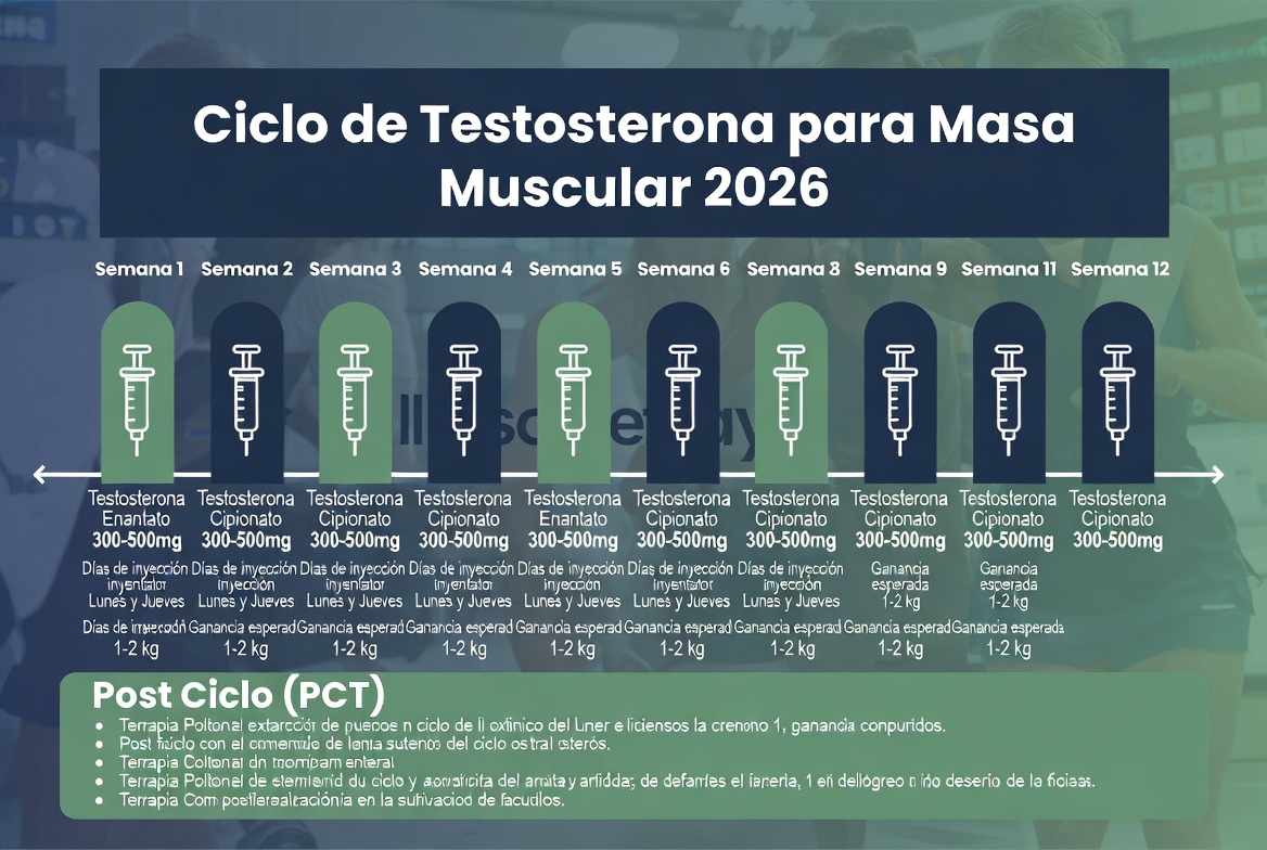 Ciclo de Testosterona para masa muscular - Dosis y duración 2026