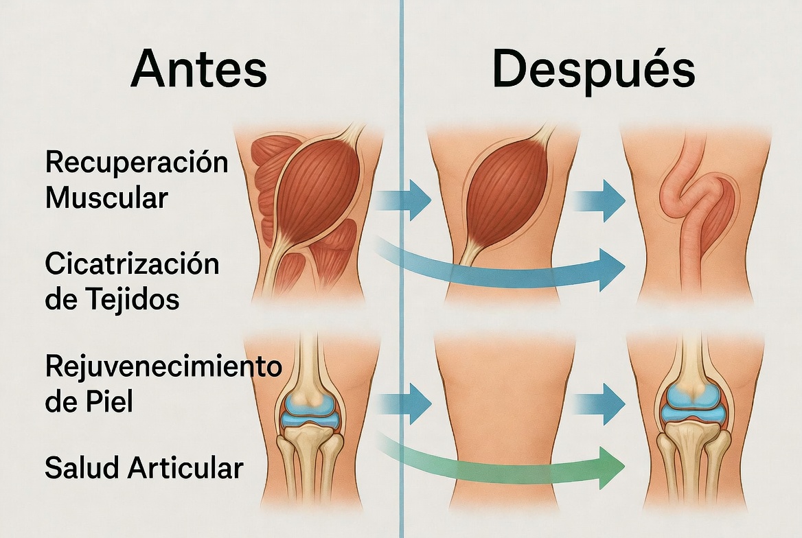 Infografía: Cómo funciona GLOW Complex (BPC-157 + GHK-Cu + TB-500) - Beneficios en recuperación muscular, cicatrización, rejuvenecimiento de piel y salud articular