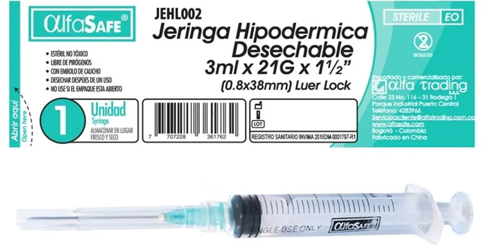 Jeringa de 3ml con aguja para inyección intramuscular